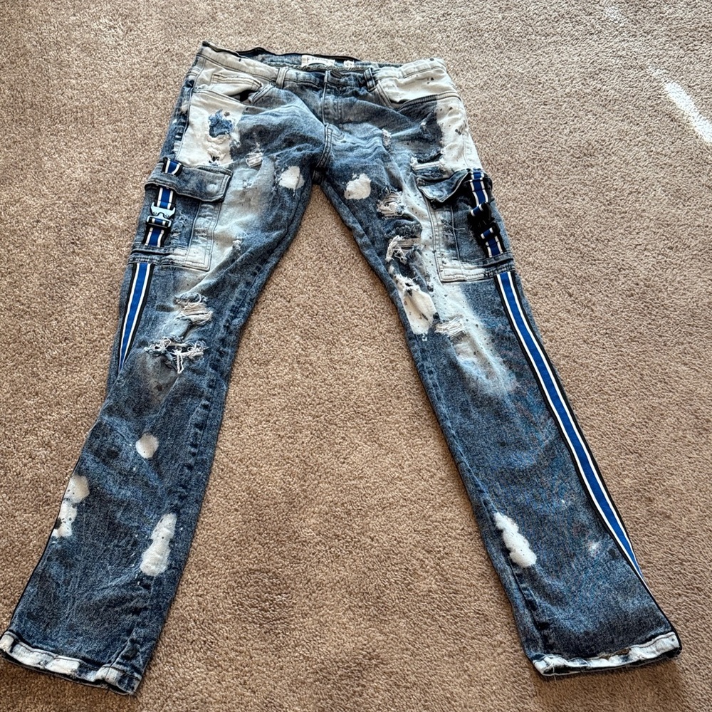 Men's Distressed Blue skinny Jeans with Side Stripes 32x32